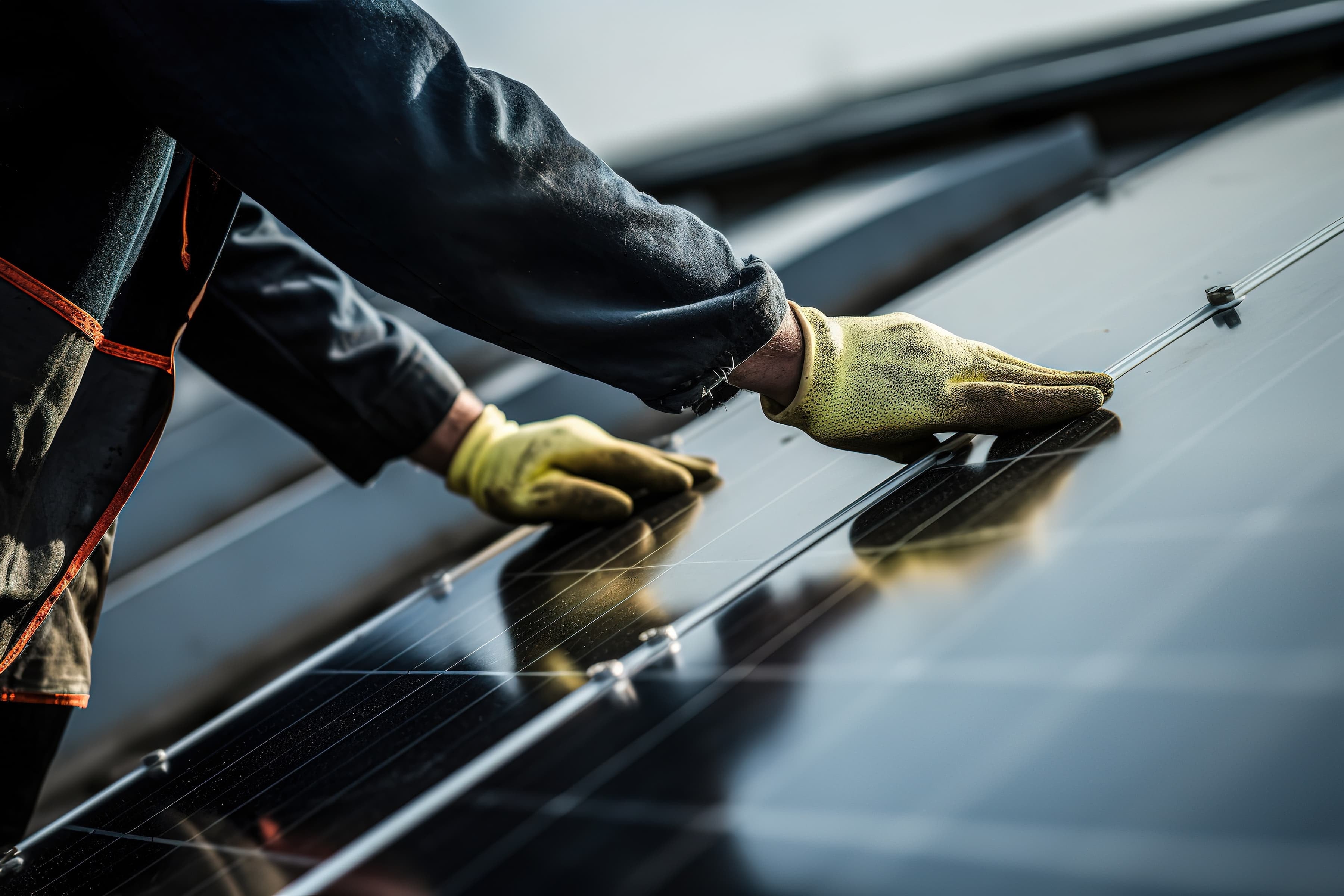 Monteur mit Handschuhen installiert Solarmodule auf dem Dach einer Photovoltaikanlage