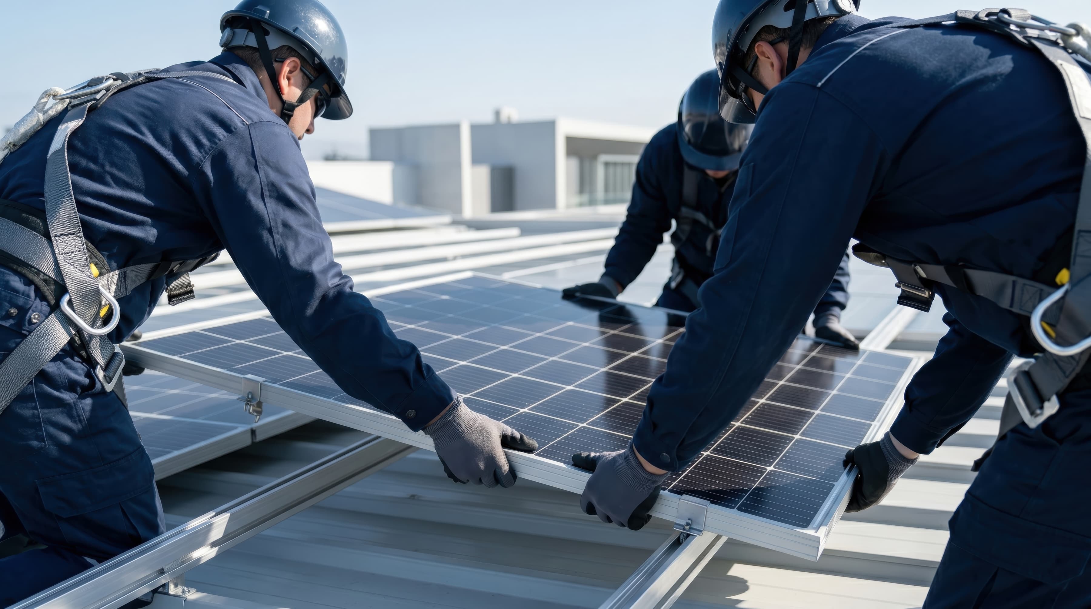 Monteure mit Sicherheitsgurt installieren Solarmodule auf einem Flachdach