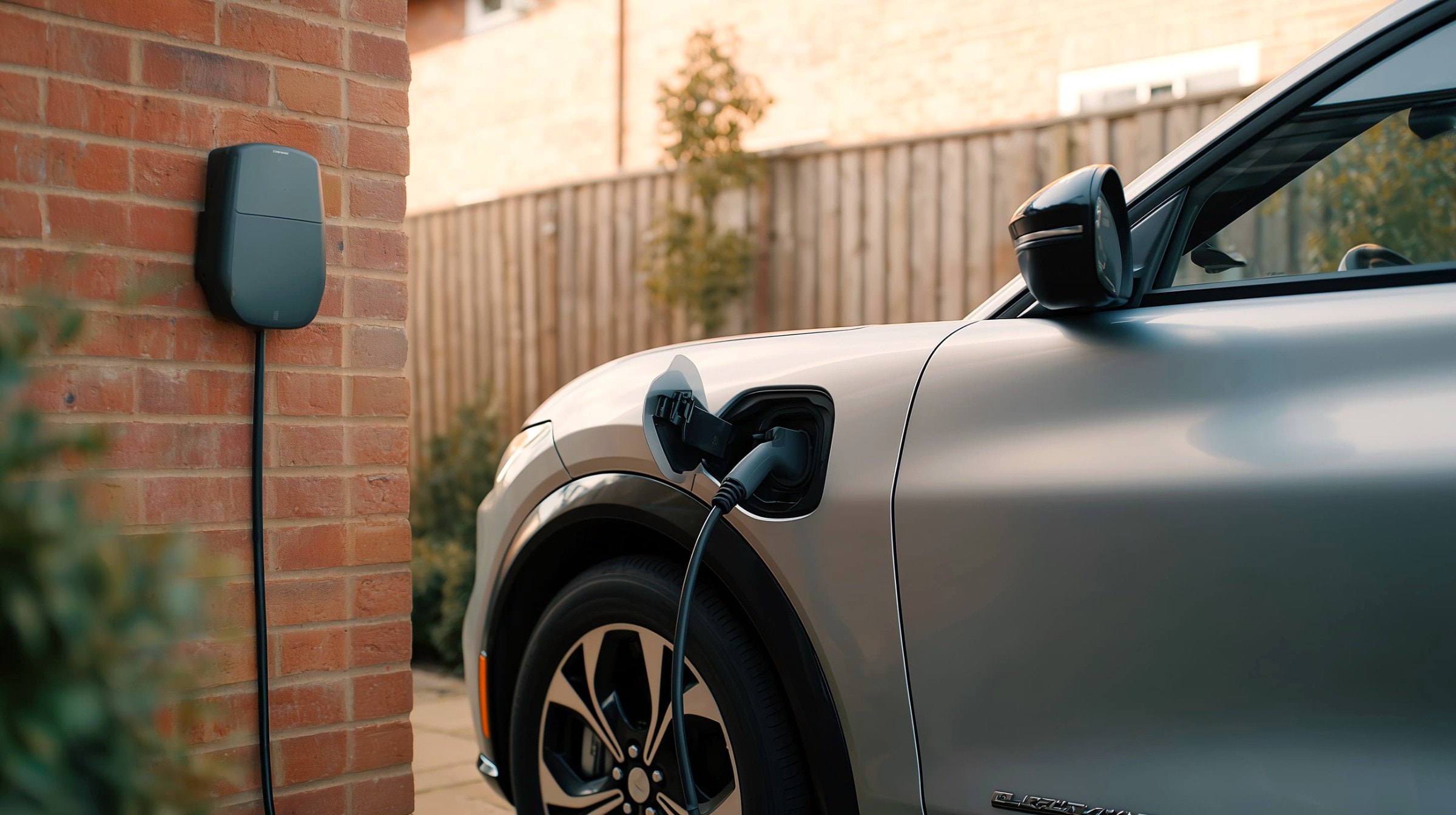 Elektroauto lädt an einer Wallbox an der Klinkerwand