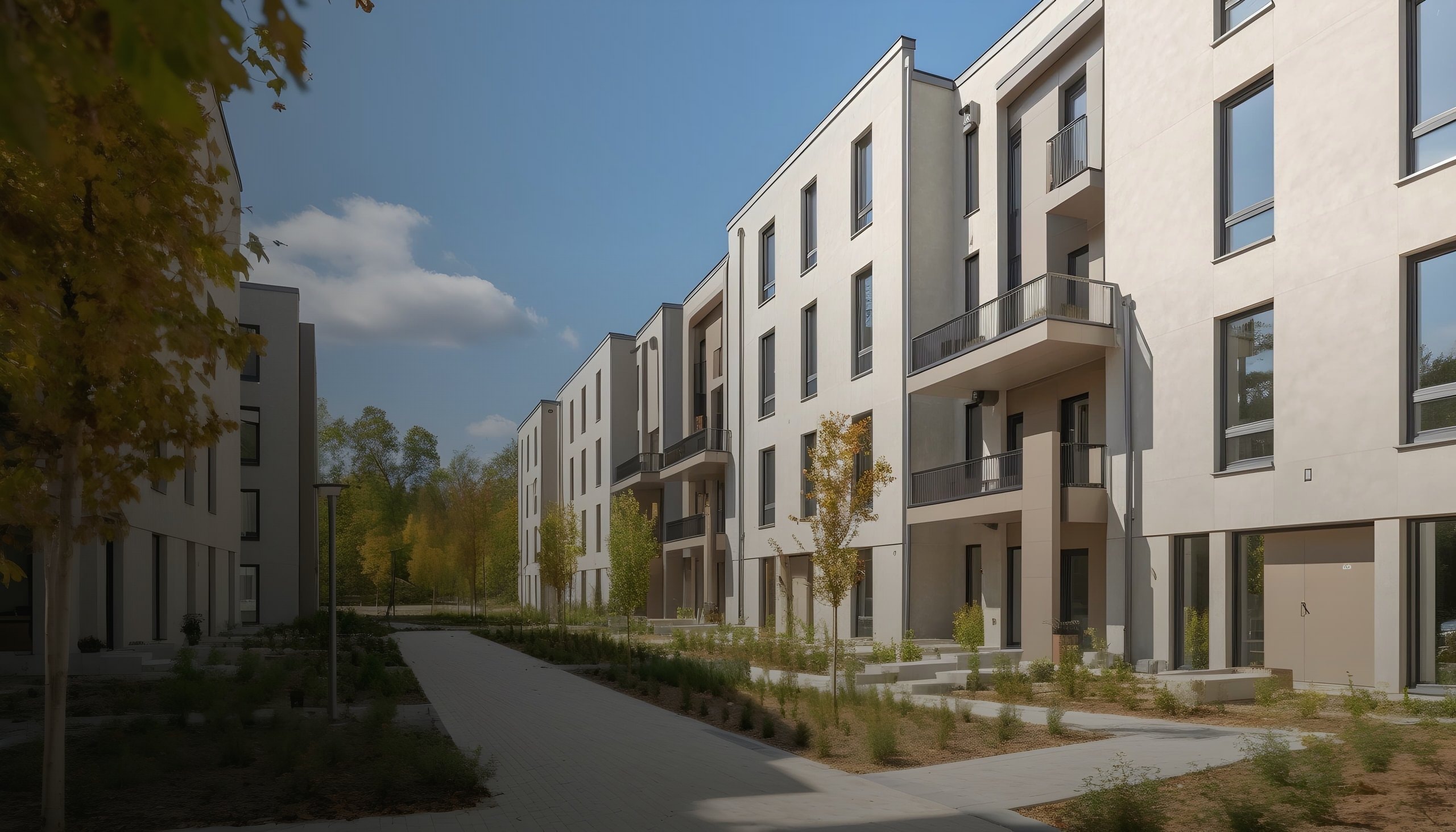 Moderne Neubau-Wohnanlage mit Mehrfamilienhäusern und Balkonen bei blauem Himmel