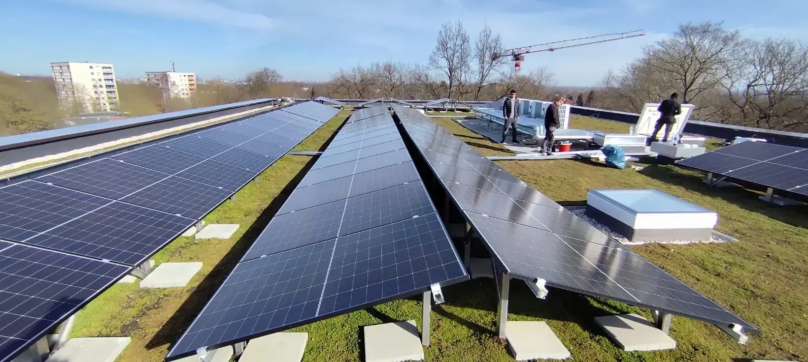 Photovoltaik-Aufständerung auf Gründach mit Monteuren bei der Installation der Solarmodule