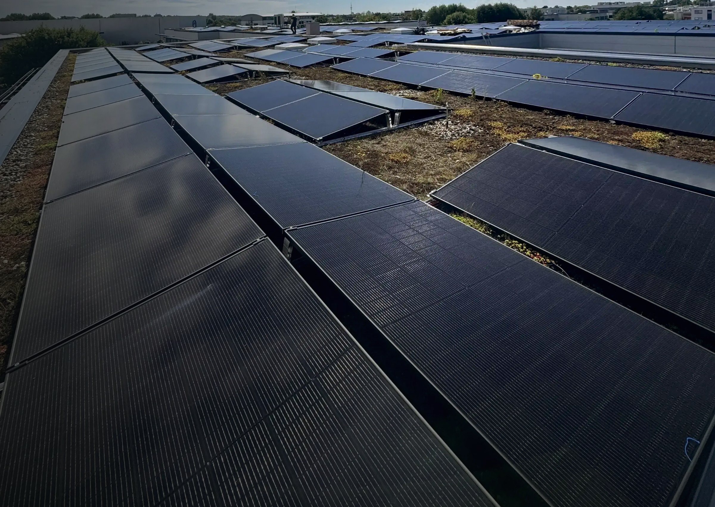 Große Photovoltaikanlage auf Gewerbe-Flachdach mit schwarzen Solarmodulen zur solaren Stromerzeugung.