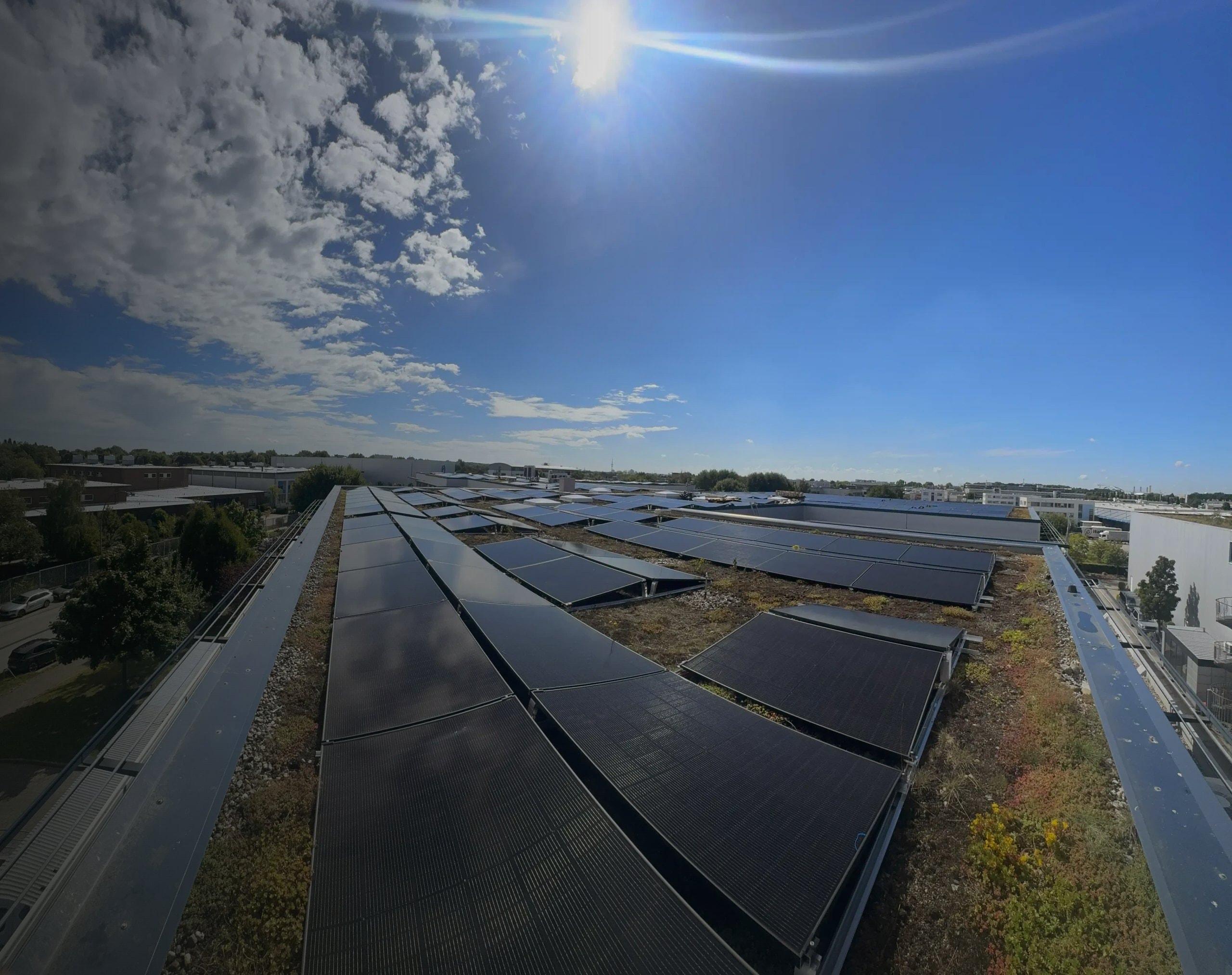 Photovoltaikanlage auf begruentem Gewerbe-Flachdach bei Sonnenschein fuer nachhaltige Stromerzeugung.
