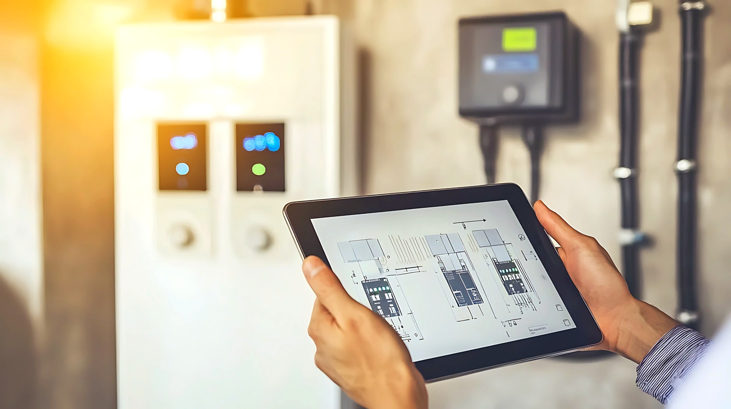 Servicetechniker prüft Wechselrichter und Speicher mit dem Tablet